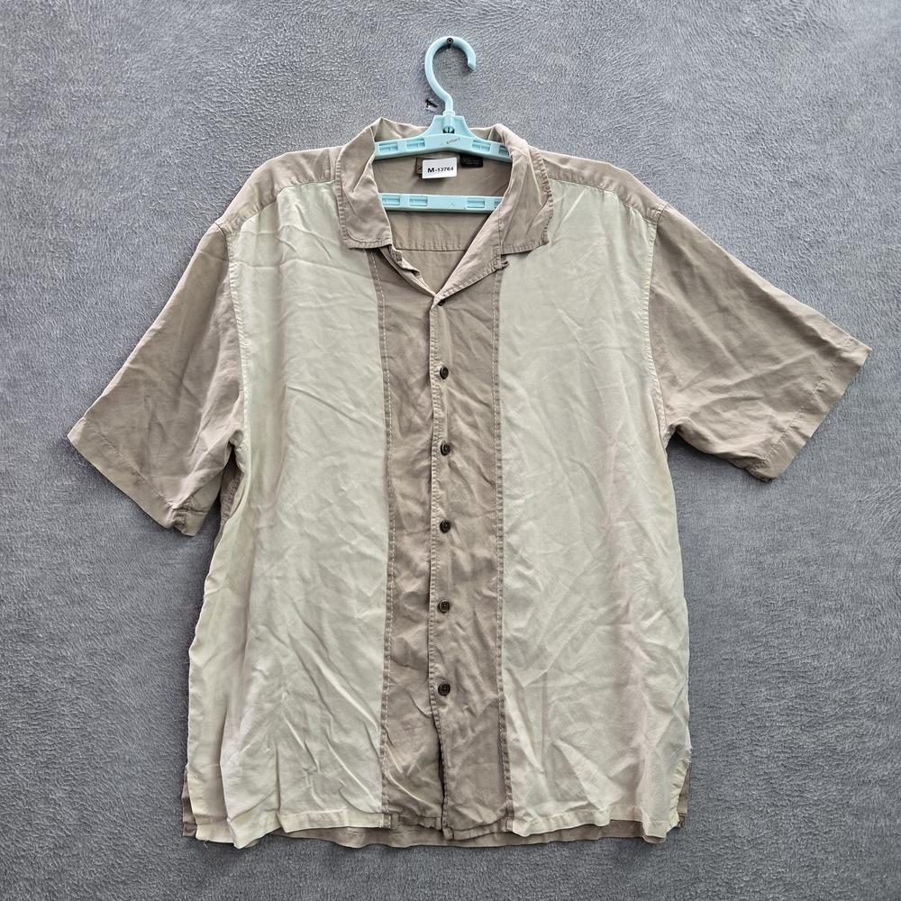 AXIST Men Button Up‎ Shirt L Beige Silk Colorblock Short Sleeve